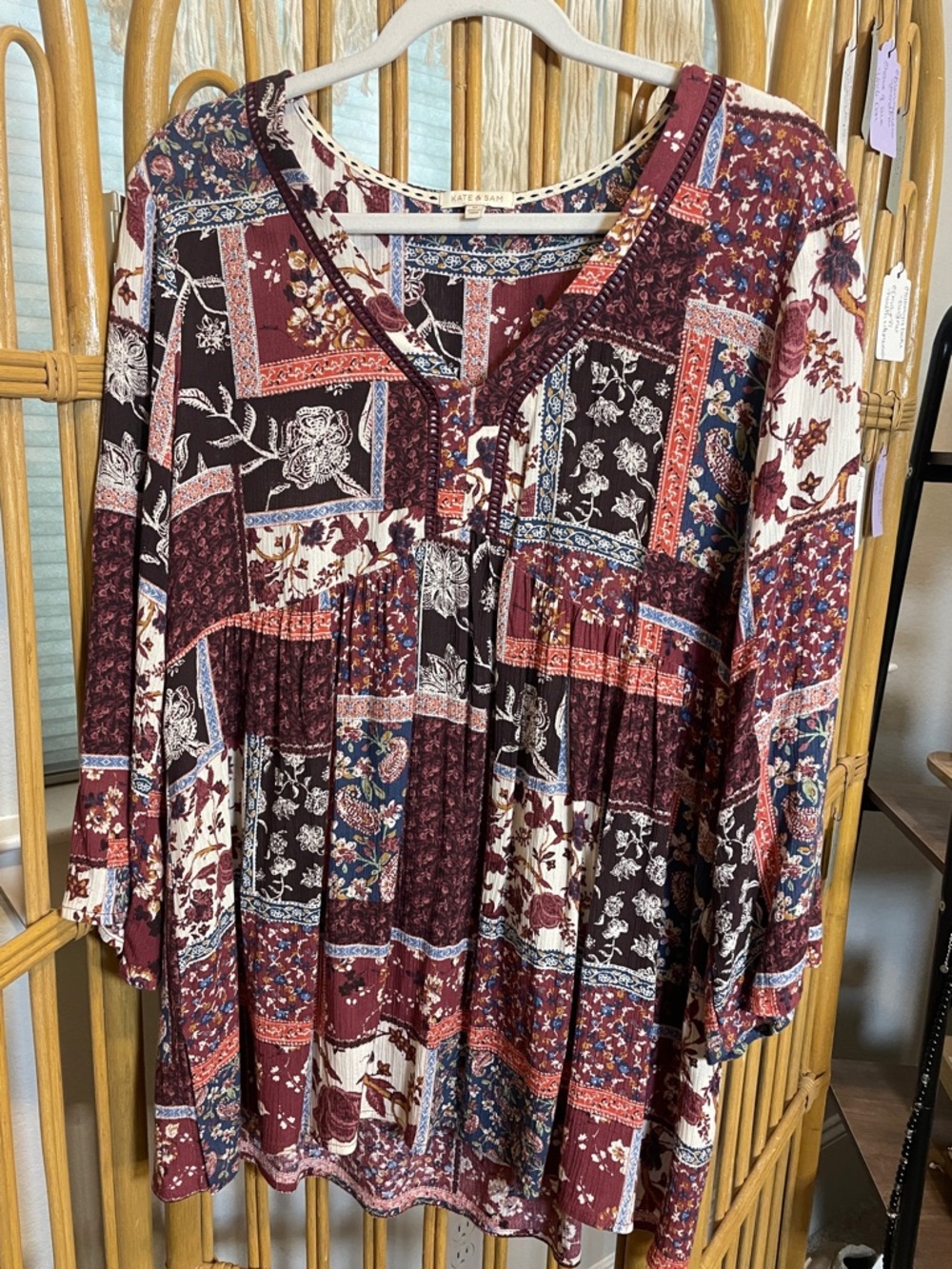 Kate & Sam Patchwork Floral Peasant Tunic- Burgundy Multi